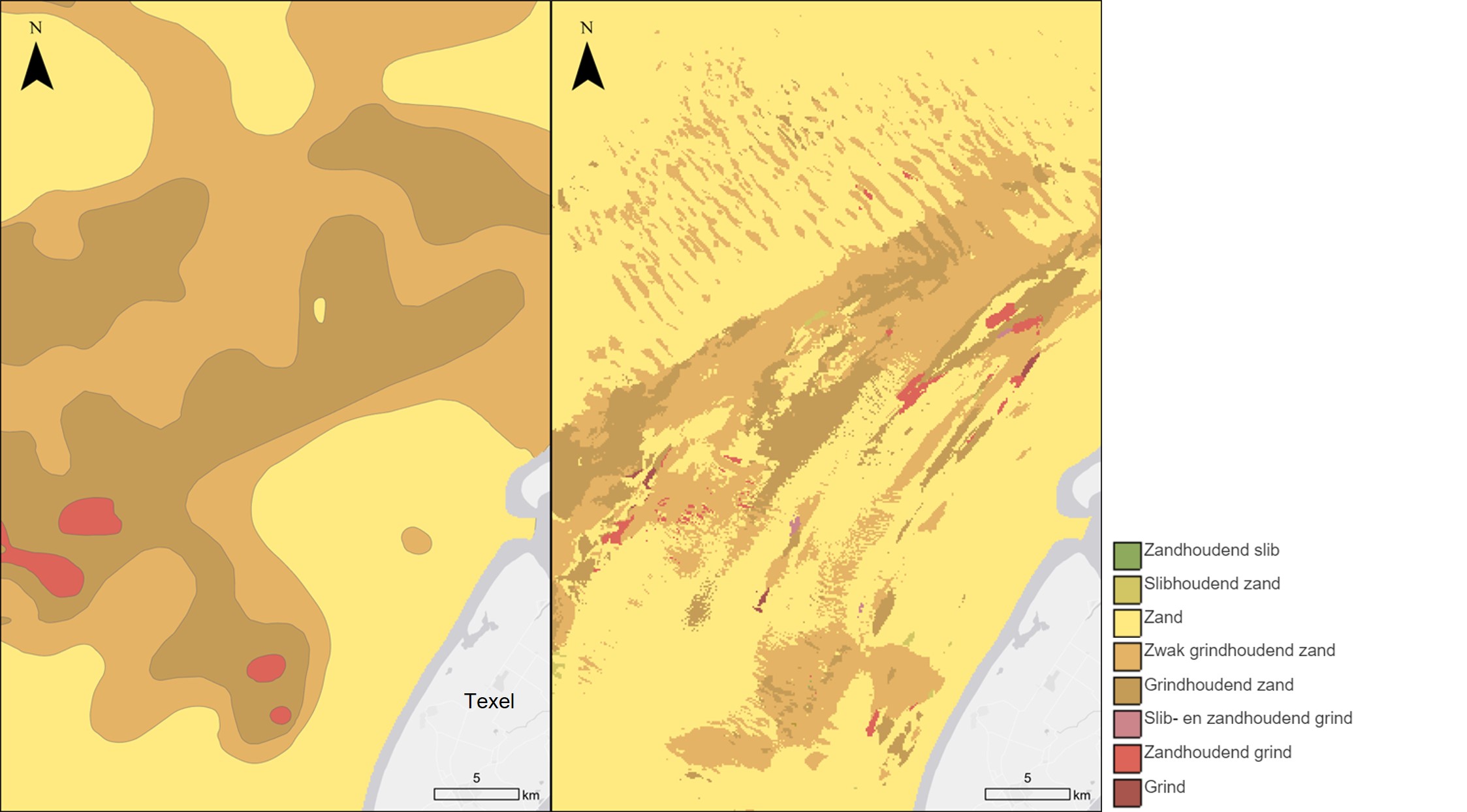 Oude en nieuwe kaartbeeld voor een gebied ten noordwesten van Texel van zeebodemsedimentkaart