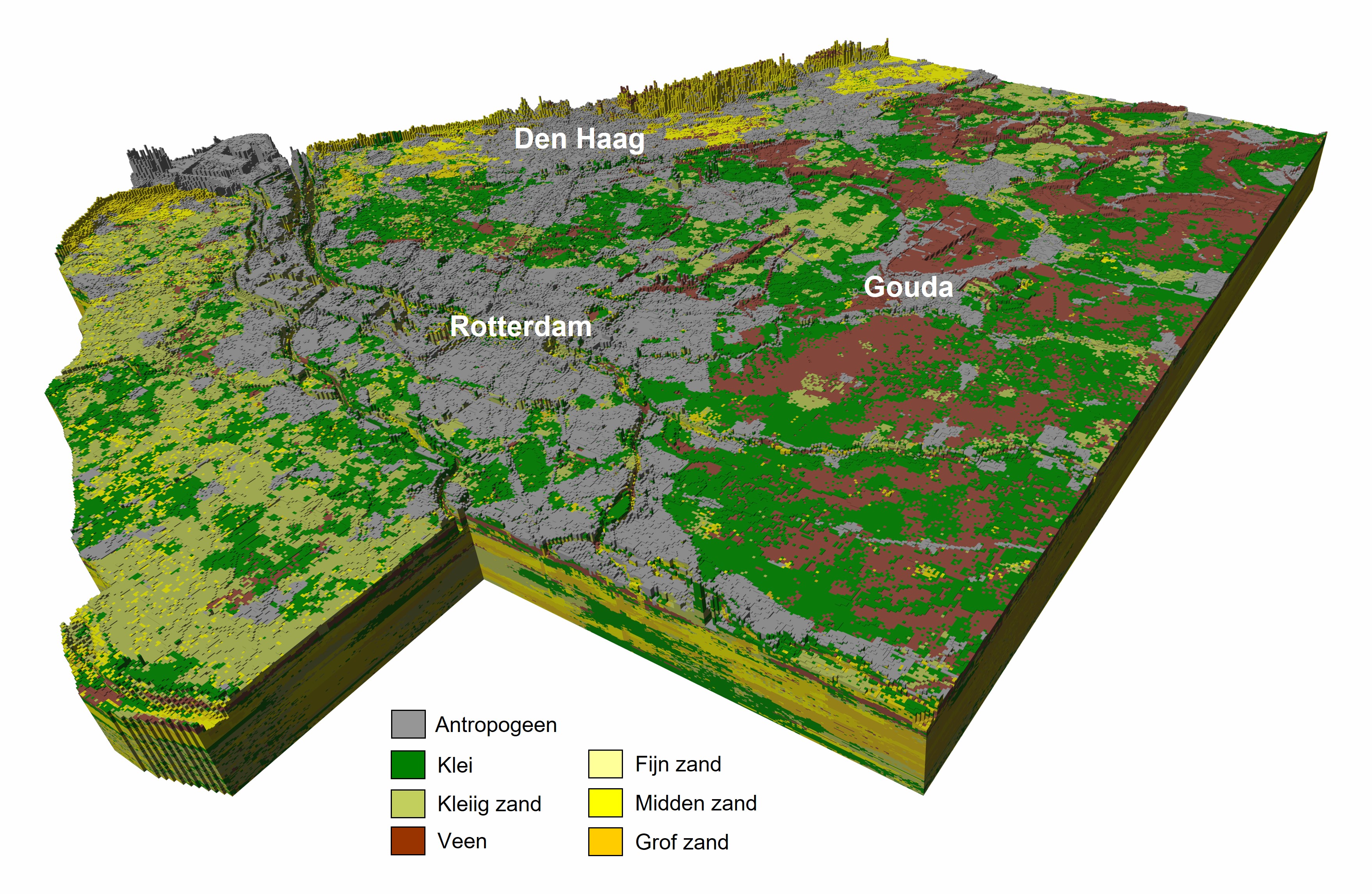 3D aanzicht van de meest waarschijnlijke lithoklasse van modelgebied Zuid-Holland