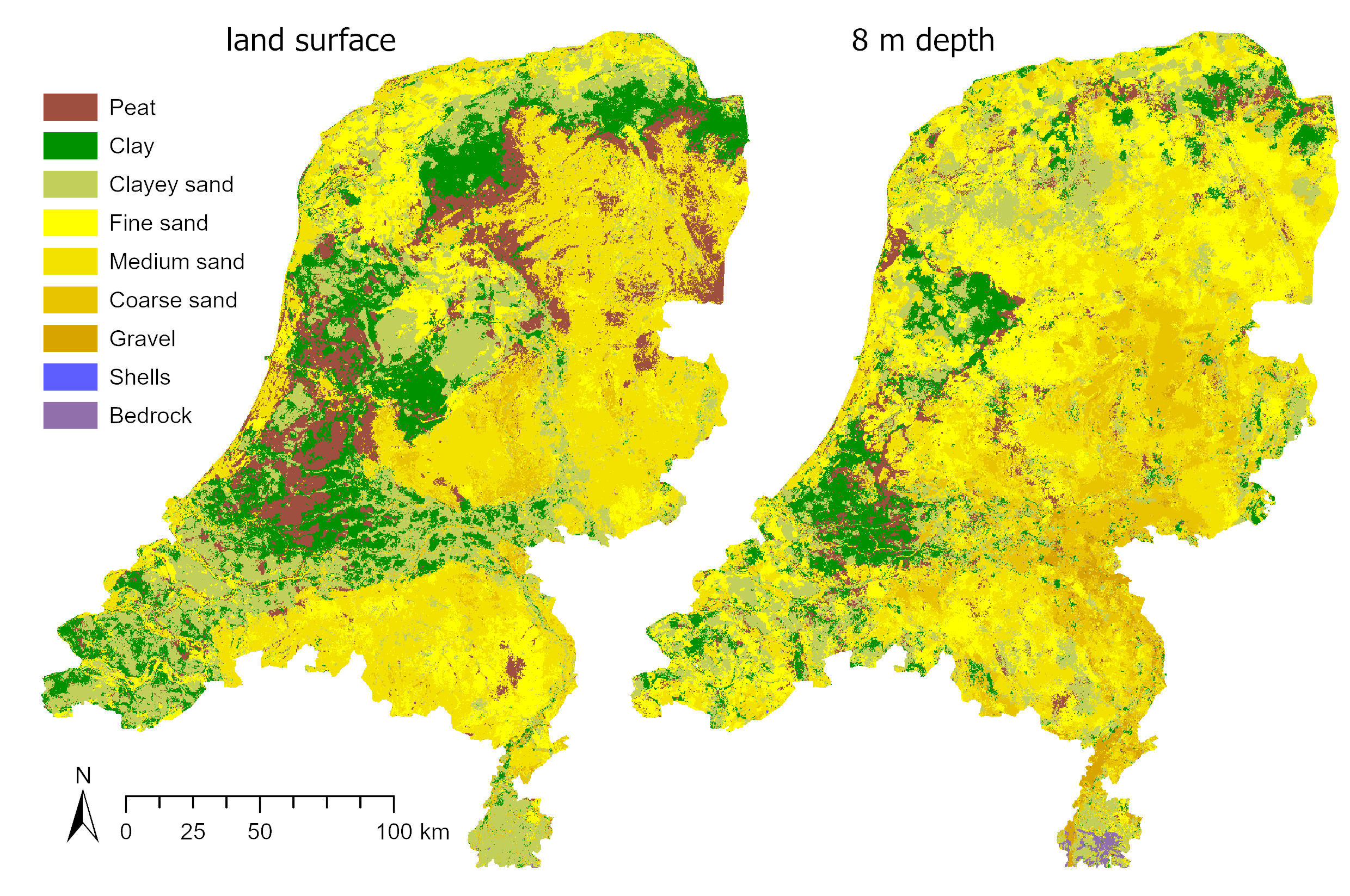 Picture of NL3D maps: left it shows the Lithological class at ground level and at the right hand it shows 8 meters below subsurface according to the NL3D model.